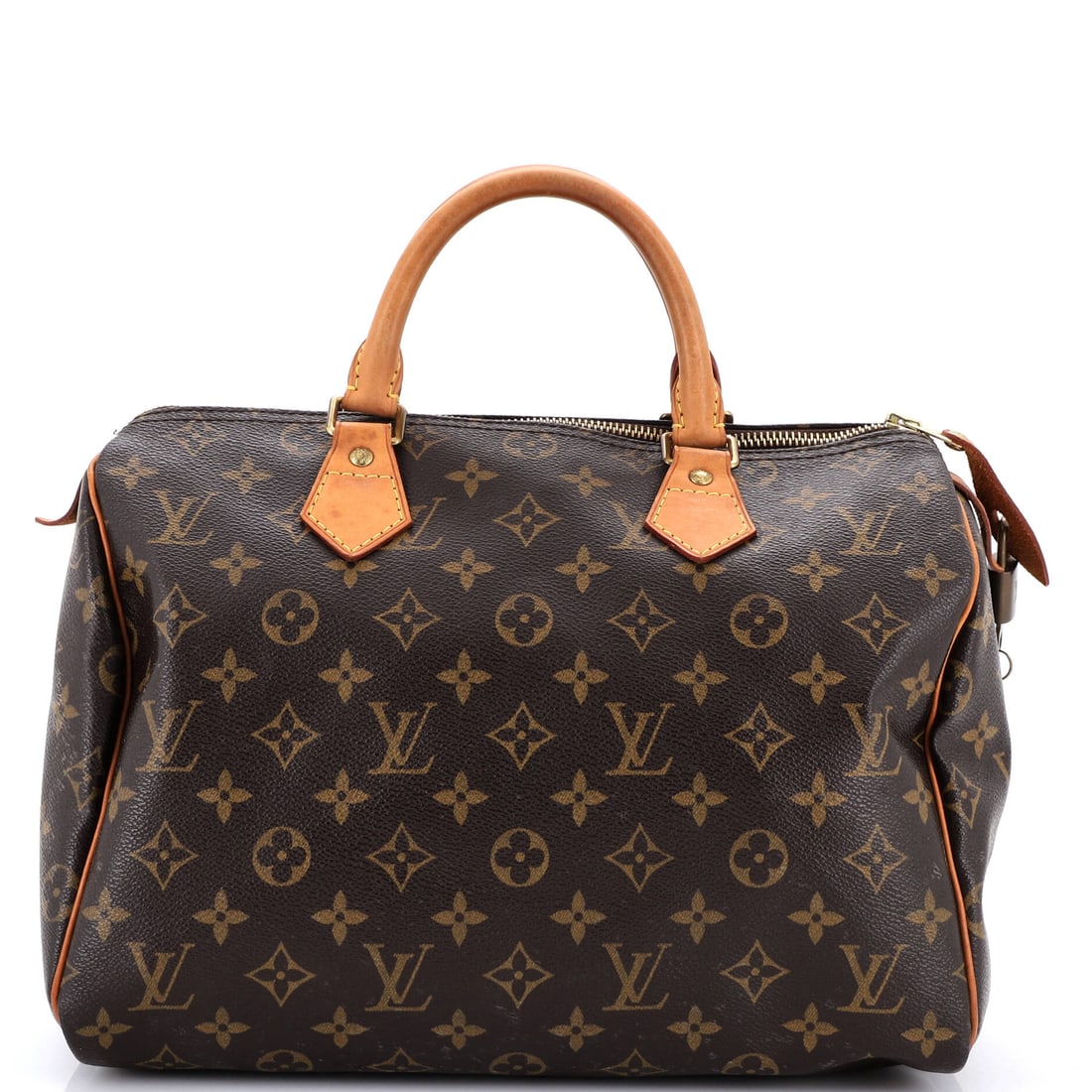 Louis Vuitton Speedy Handbag Monogram Canvas: One long zip closes the whole top of this Speedy, which is the reason the shape holds its dome when shut and gapes wide when opened. The bag measures 12 in wide x 8 in high x 7 in deep, so that openin