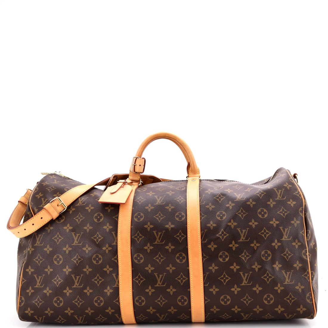 Louis Vuitton Keepall Bandouliere Bag Monogram Canvas: Repeating monogram across a soft-sided duffel is the pattern at its most effective, since a busy field keeps a large expanse from reading as blank. Scale here is 22 in wide x 12 in high x 9 in deep wi