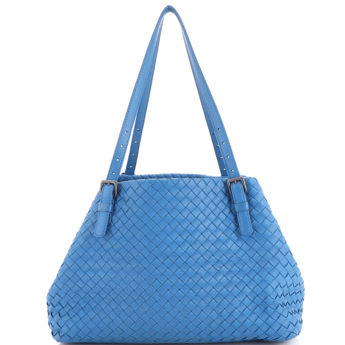 Bottega Veneta A-Shape Tote Intrecciato Nappa: An A-Shape tote takes its name from the taper, wider through the base than the mouth, and nappa Intrecciato is what lets that line collapse and reopen. Mid-size at 14 in wide, 9.5 in high and 7 in dee