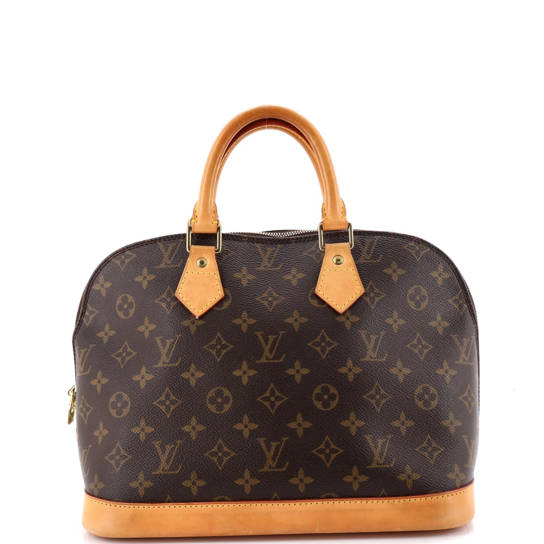 Louis Vuitton Alma Handbag Monogram Canvas: Hardware on the Alma amounts to two zips, their pulls and the side rings that take the strap, and that restraint is why the silhouette holds attention. Unzipped fully, the 12 in wide x 9 in high x 6 i