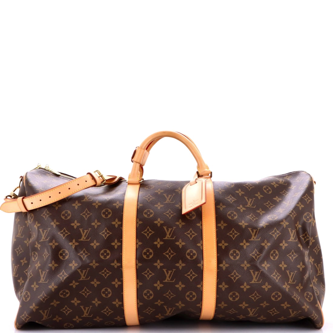Louis Vuitton Keepall Bandouliere Bag Monogram Canvas: Barrel shape, flat base, two short handles: the Keepall profile has never needed revising. This is one of the larger cuts at 23.5 in wide x 13 in high x 10 in deep, enough for a week of soft goods loa
