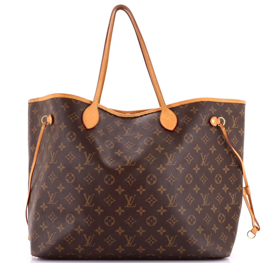 Louis Vuitton Neverfull Tote Monogram Canvas: Buyers of the Monogram totes look first for the flat-bottomed build, which keeps a 15.5 in wide x 12 in high x 7.5 in deep body upright on a floor. Coated canvas shrugs off a spilled water bottle in