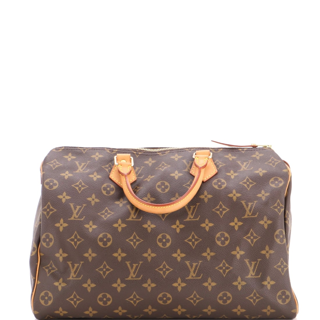 Louis Vuitton Speedy Handbag Monogram Canvas: Symmetry does the work on this profile, matching ends meeting a top line that arcs from one to the other. Sized 14 in wide x 9 in high x 7 in deep, the body has real volume and stays clear of bulk. Ad