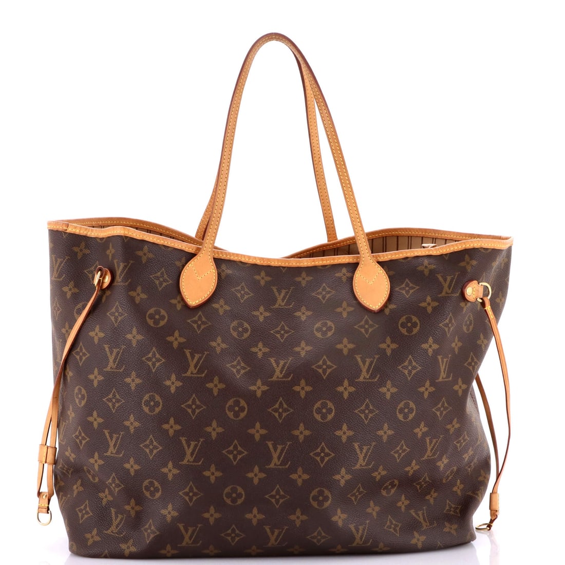 Louis Vuitton Neverfull Tote Monogram Canvas: Gently flared walls and a wide mouth define the shape here, tapering toward a narrower base across 15.5 in wide x 12 in high x 7.5 in deep. Drawn in at the side laces the silhouette narrows, and let