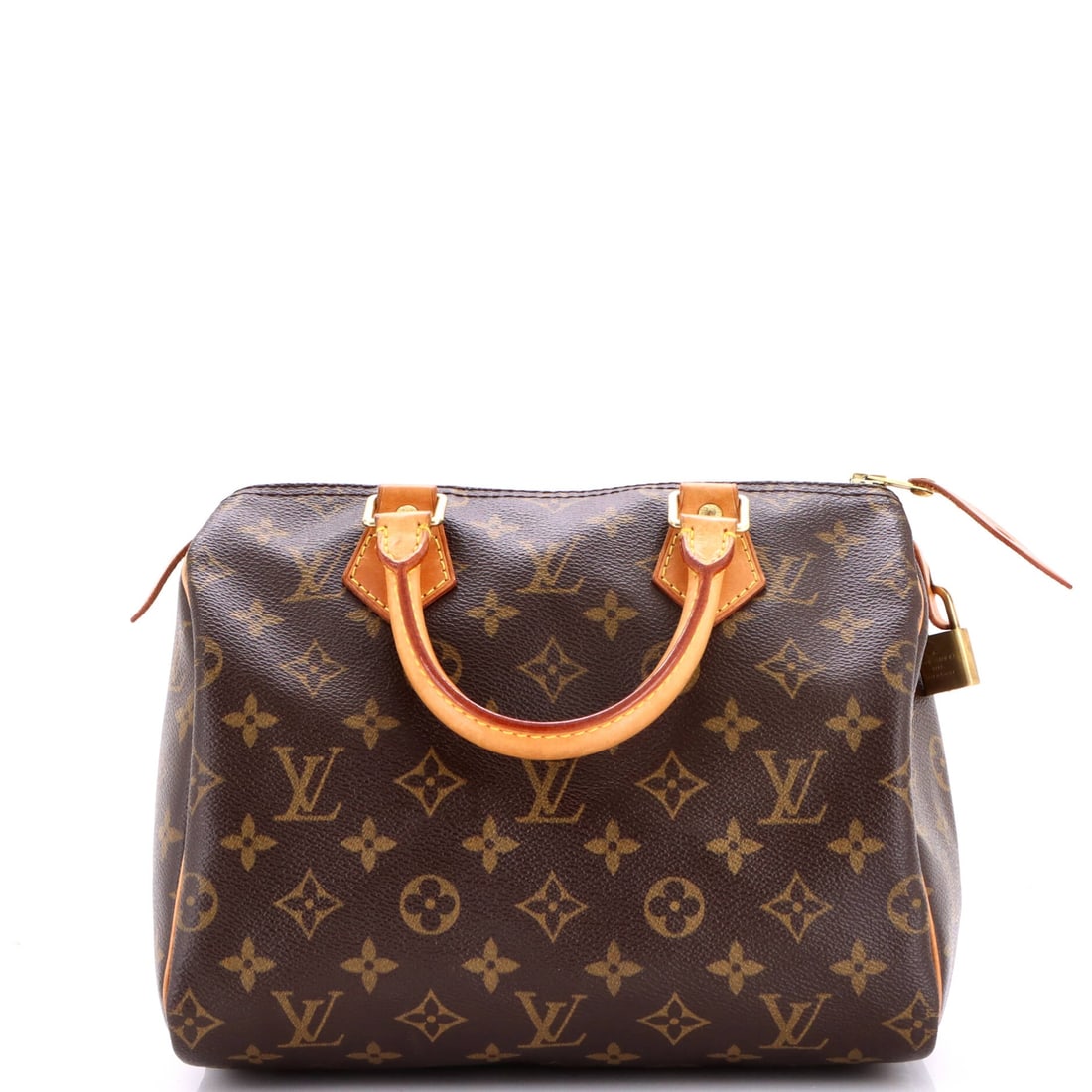 Louis Vuitton Speedy Handbag Monogram Canvas: A strap dropping 18.5 in holds this small Speedy high and close, nearer the ribs than the hip. Body size of 10 in wide x 8 in high x 6 in deep makes that height comfortable, since there is little