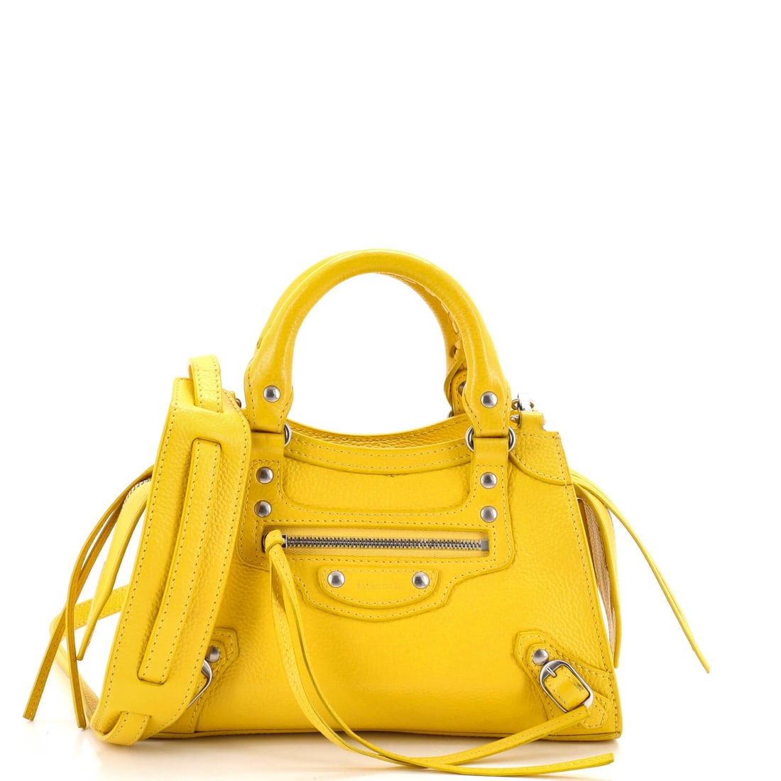 Balenciaga Neo Classic City Bag Leather: Depth is what separates this Neo Classic City from most minis, 9 in wide and 5.5 in high but a full 4.5 in through. Front zip pocket lies flat to the body and adds carry without breaking the line.