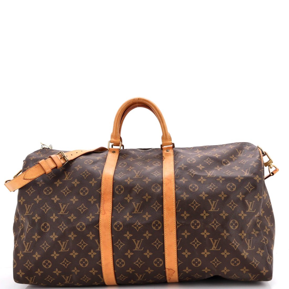 Louis Vuitton Keepall Bandouliere Bag Monogram Canvas: Bandouliere means the strap, and that is the whole difference between this Keepall and the plain-handled one: a 16.5-21 in adjustment that frees both arms at a gate or a curb. Body dimensions of 21 in