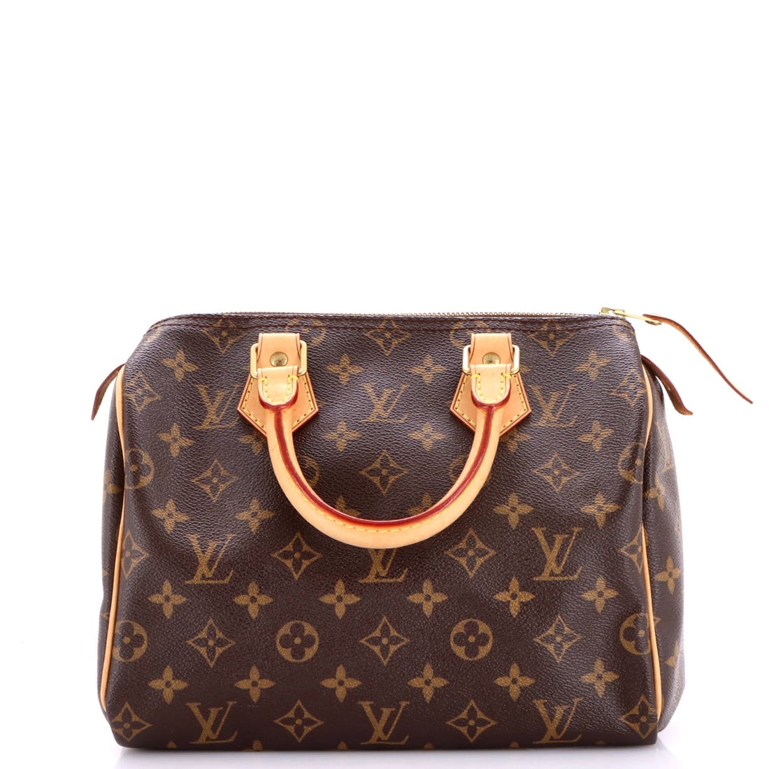 Louis Vuitton Speedy Handbag Monogram Canvas: Nearly cubic in the hand at 10 in wide x 8 in high x 6 in deep, the model appears here shrunk to its most compact reading. Small scale makes the flat base obvious, and the bag stands unaided on a