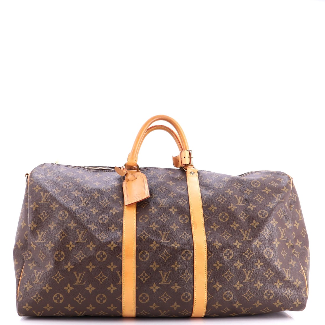 Louis Vuitton Keepall Bandouliere Bag Monogram Canvas: Coated canvas with the monogram set edge to edge is what stops a duffel this size from reading as a sack of clothes. It measures 21.5 in wide x 12 in high x 9 in deep, with a 4.5 in handle drop and an