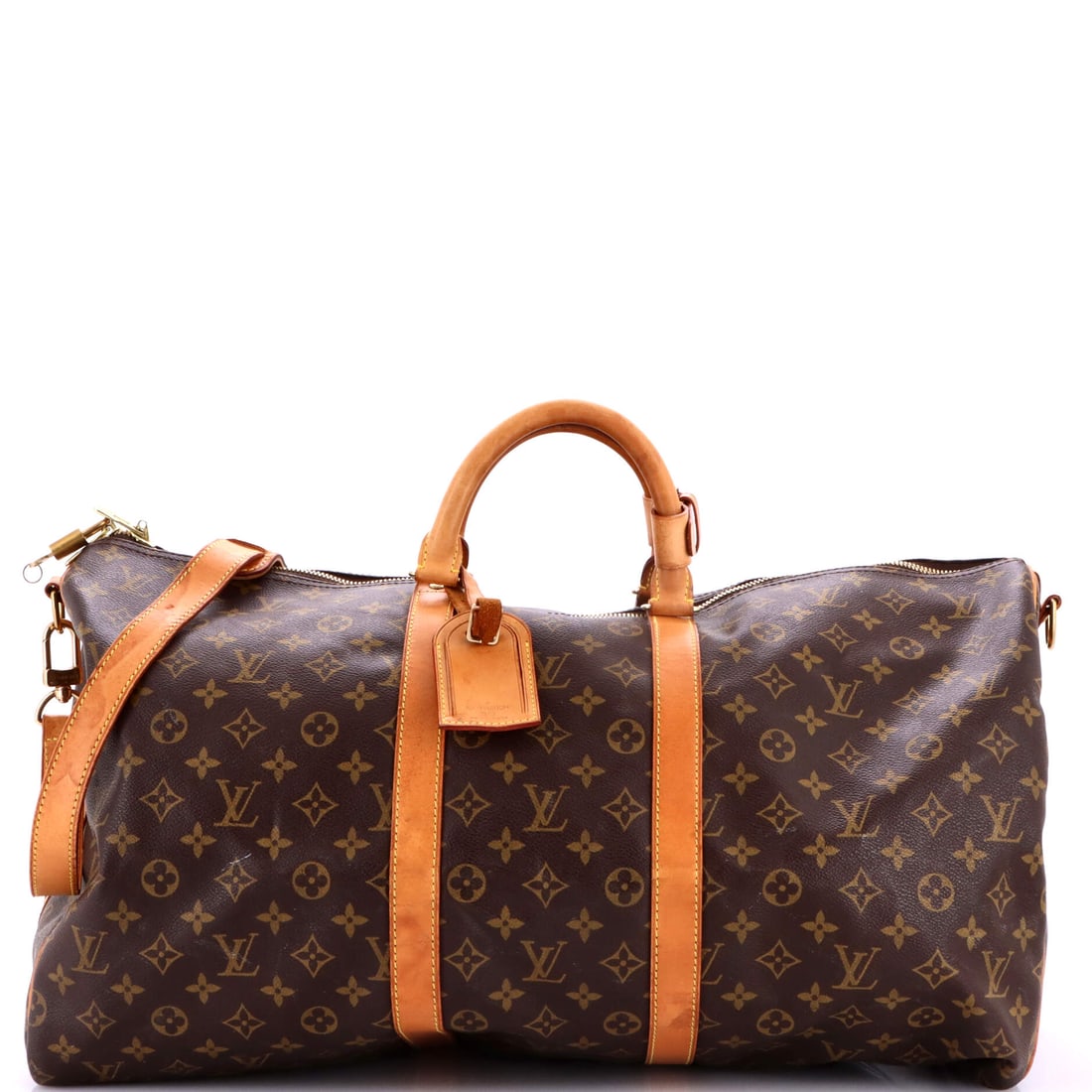 Louis Vuitton Keepall Bandouliere Bag Monogram Canvas: Soft sides let this Keepall fold flat when empty and take a full rounded shape once loaded, the trick that keeps the model in constant circulation. Dimensions of 21.5 in wide x 12 in high x 9 in deep 