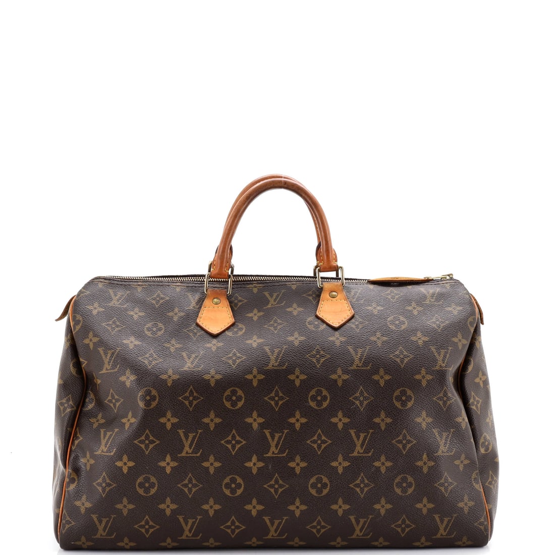 Louis Vuitton Speedy Handbag Monogram Canvas: Closure is the whole mechanism on this Speedy, a single zip spanning the top so the opening runs nearly the full 16 in width. Wide access like that suits a bag 10 in high and 7 in deep, where anything