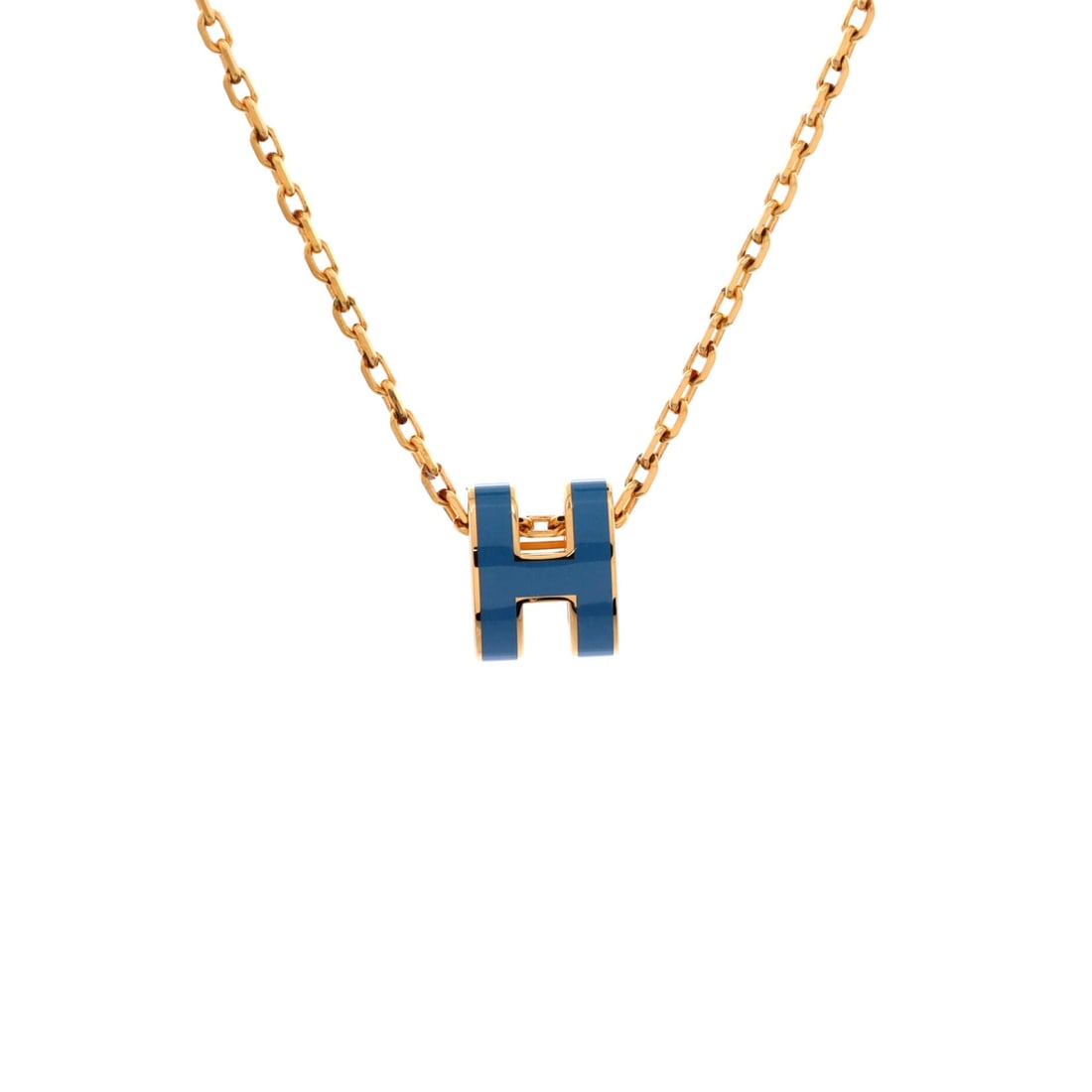Hermes Pop H Pendant Chain Necklace Metal and Enamel: An enamel H fills the pendant edge to edge, the glossy field held in a metal surround and nothing more. Chain length runs 16 in, which sets the pendant near the collarbone, and 7 mm of width stays leg