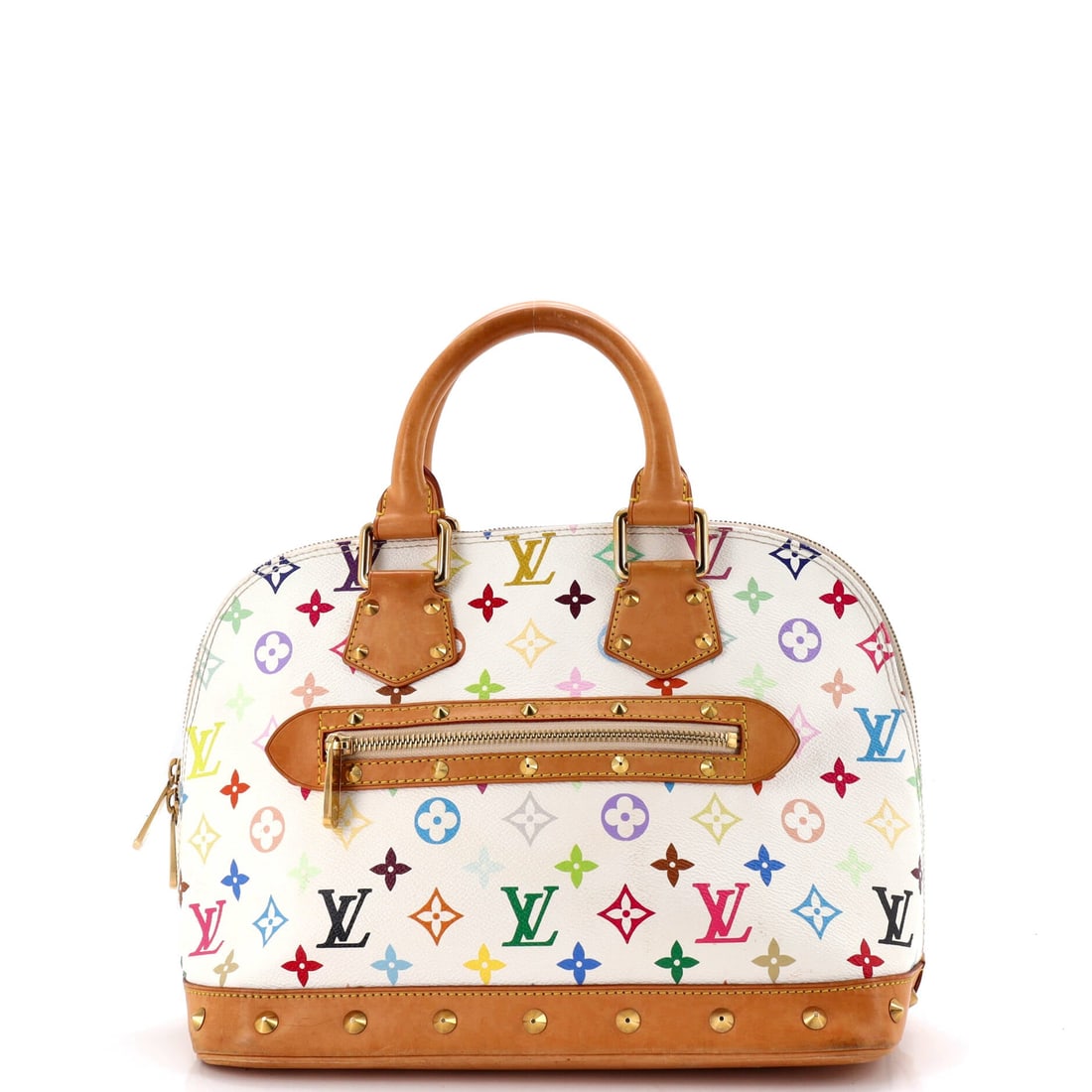 Louis Vuitton Alma Handbag Monogram Multicolor: Shape is what carries the Alma: a dome over a rectangular base, corners squared off, sides bowing gently outward. Multicolor Monogram covers all of it, the print running unbroken across the panels. It