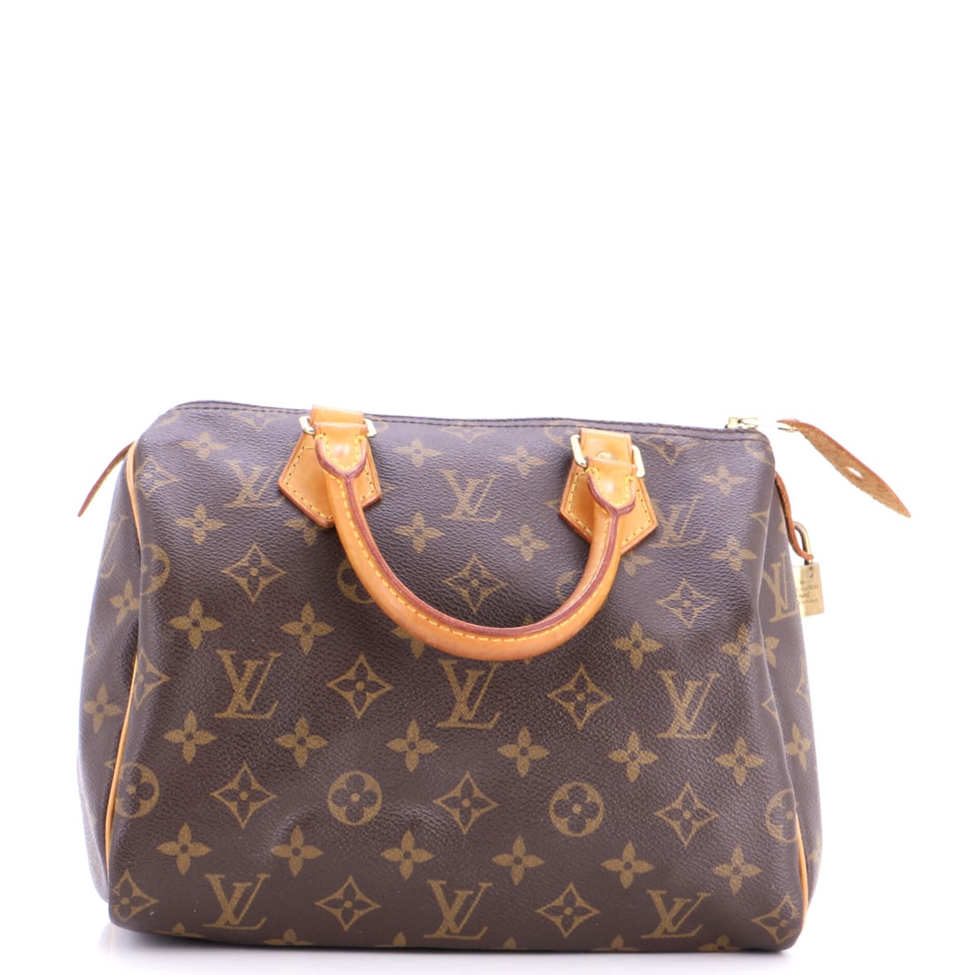 Louis Vuitton Speedy Handbag Monogram Canvas: Compact and rounded, this Speedy sits closer to a small duffle than a handbag once it leaves the arm. Its 10 in wide x 8 in high x 6 in deep frame sets the mass low, and the 18.5 in strap drop lets it