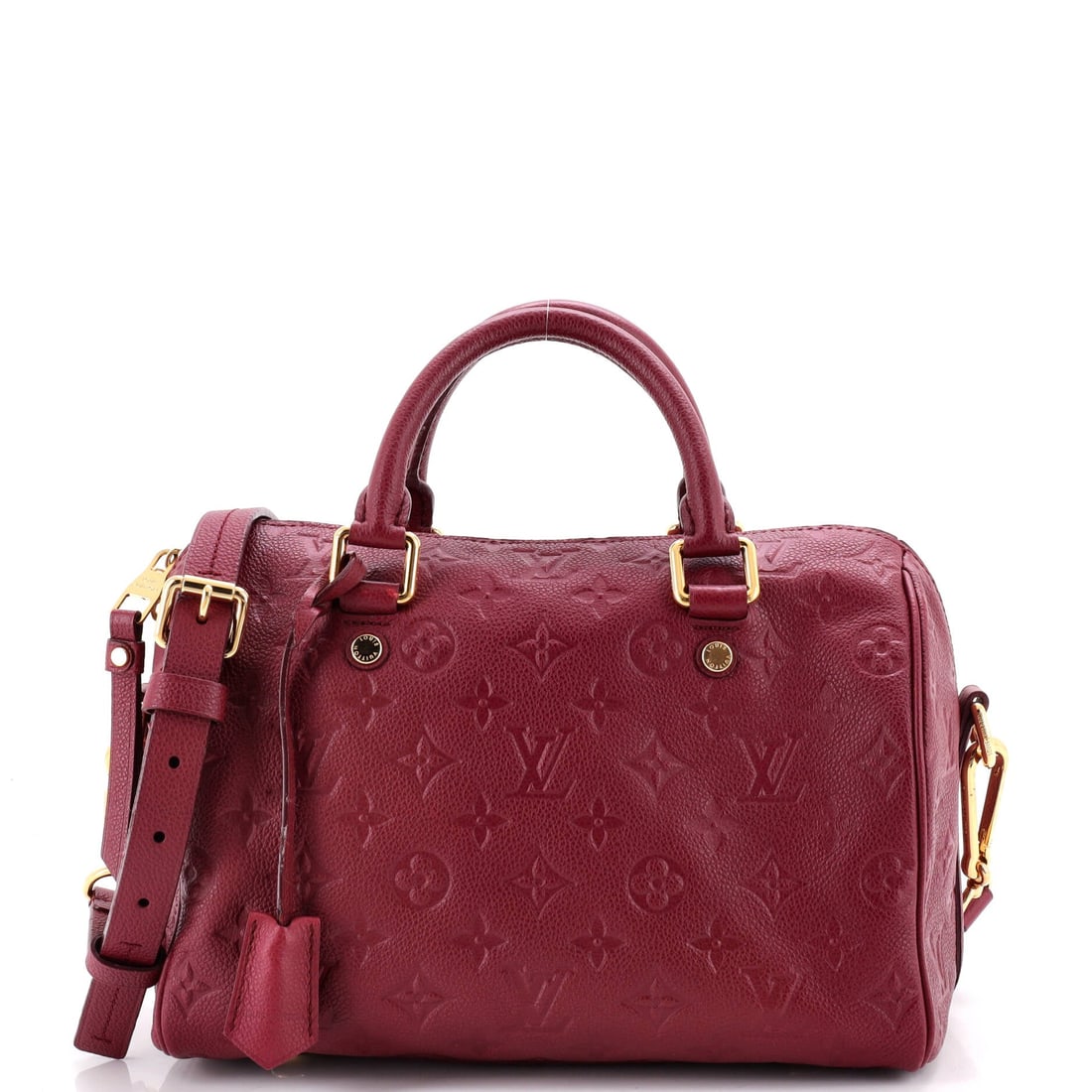 Louis Vuitton Speedy Bandouliere Bag Monogram Empreinte Leather: Depth is what separates a Speedy from a flat shoulder bag, and this example arrives at 10.5 in wide x 7.5 in high x 6 in deep with the volume for a working day rather than an evening. Its 11-21 in str