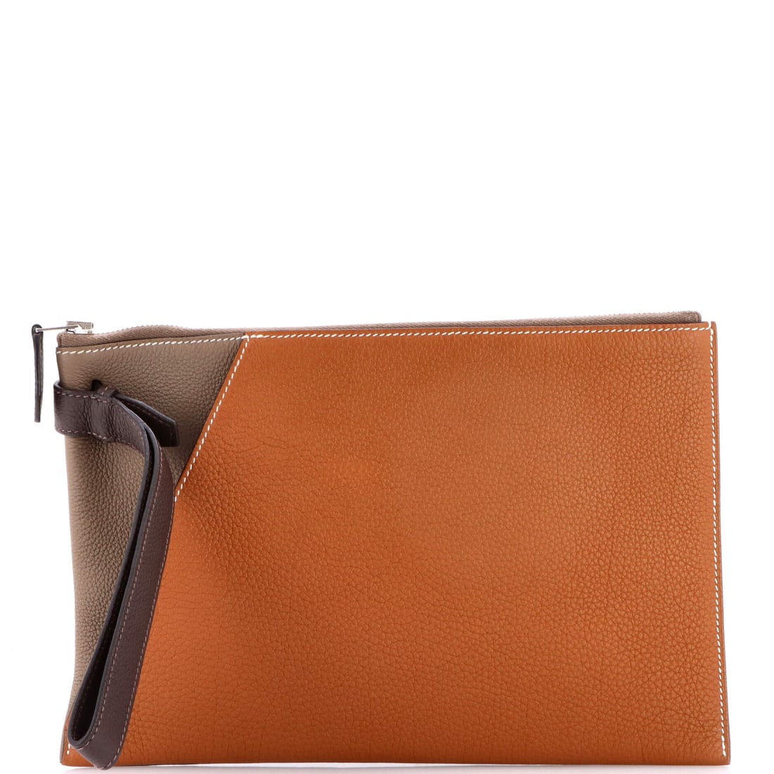Hermes Cabavertige Pouch Leather: Flat and wide at 12 in wide x 8 in high x 1 in deep, this pouch corrals what gets lost at the bottom of a larger bag: papers, a passport, cards. Depth held to a minimum lets it slide into a tote and
