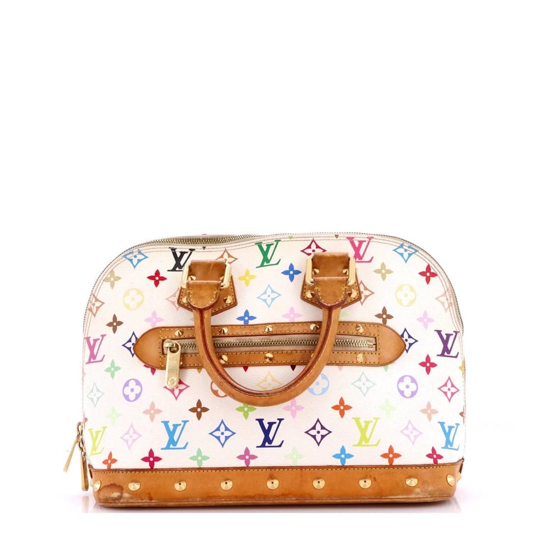 Louis Vuitton Alma Handbag Monogram Multicolor: Two zip pulls meet at the top of the dome, opening the arch wide enough to reach the flat floor of the bag. Metal feet lift the base clear of whatever surface it lands on, standard on the Alma from th