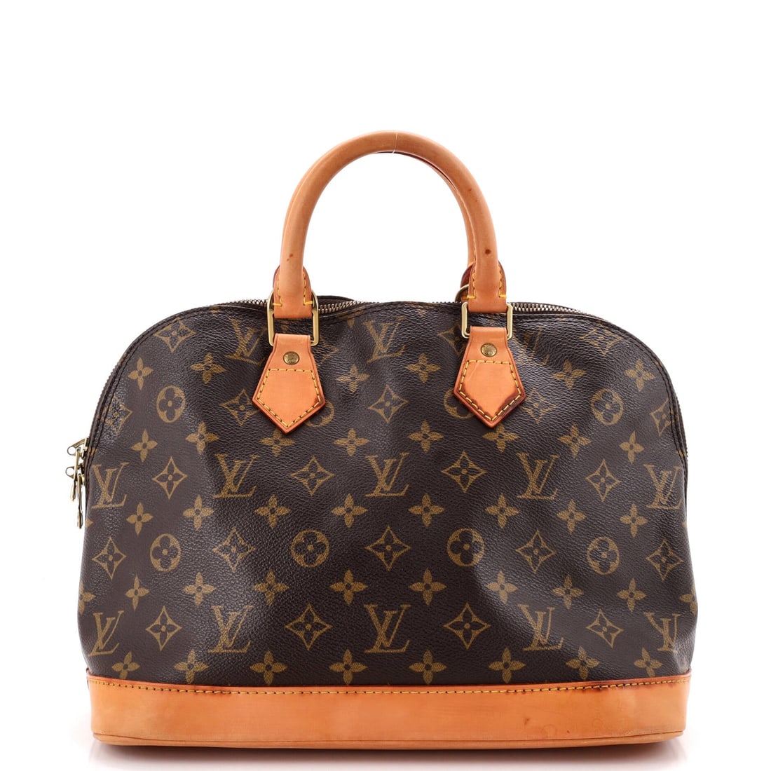 Louis Vuitton Vintage Alma Handbag Monogram Canvas: Compact proportions set this Alma apart, 11 in across against 9 in of height and 6.5 in of depth, which reads deeper than it is wide. That balance makes the dome look taller and the whole bag more upr