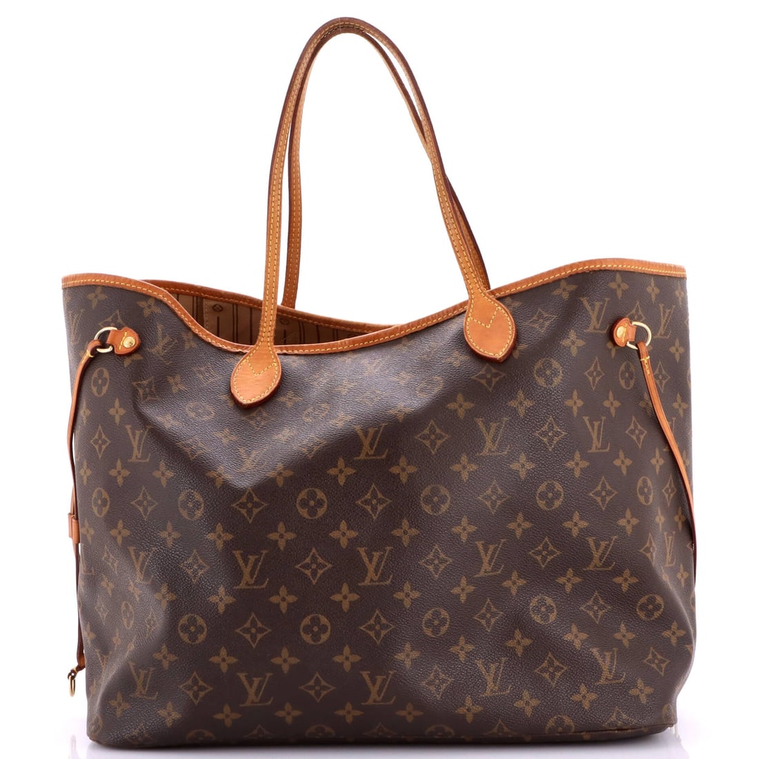 Louis Vuitton Neverfull Tote Monogram Canvas: Sized for travel at 15.5 in wide x 12.5 in high x 8 in deep, this Neverfull takes the airport slot in a rotation ahead of the errand slot. Depth does the work here, holding a change of clothes and a l