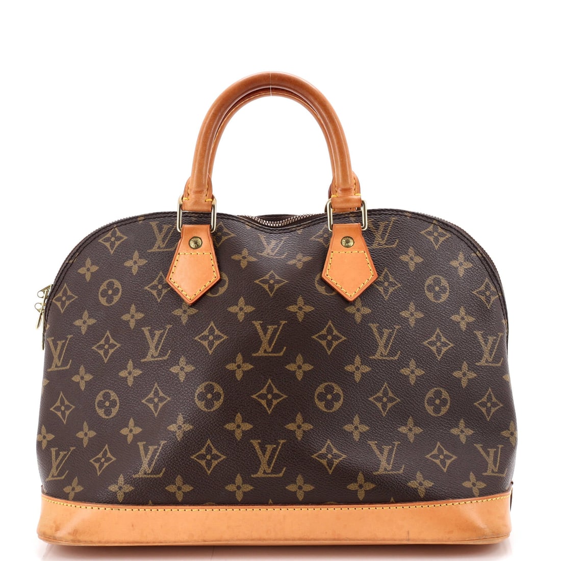 Louis Vuitton Vintage Alma Handbag Monogram Canvas: Structure is the point of the Alma, walls staying vertical whether the bag is full or nearly empty, and 12.5 in of width lets a folder lie flat. Depth of 6.5 in and height of 9 in leave room for a pou