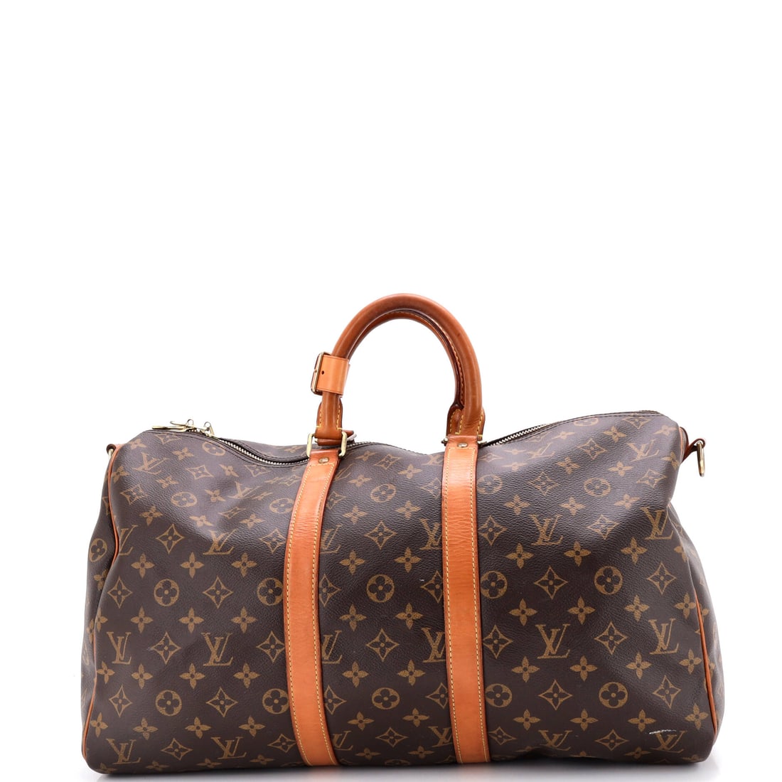 Louis Vuitton Keepall Bandouliere Bag Monogram Canvas: This Keepall runs 17 in wide x 11 in high x 8 in deep, a cut that behaves like a large day bag more than luggage. Its bandouliere strap drops 16-20 in and the handles 4 in, so the bag moves between ha