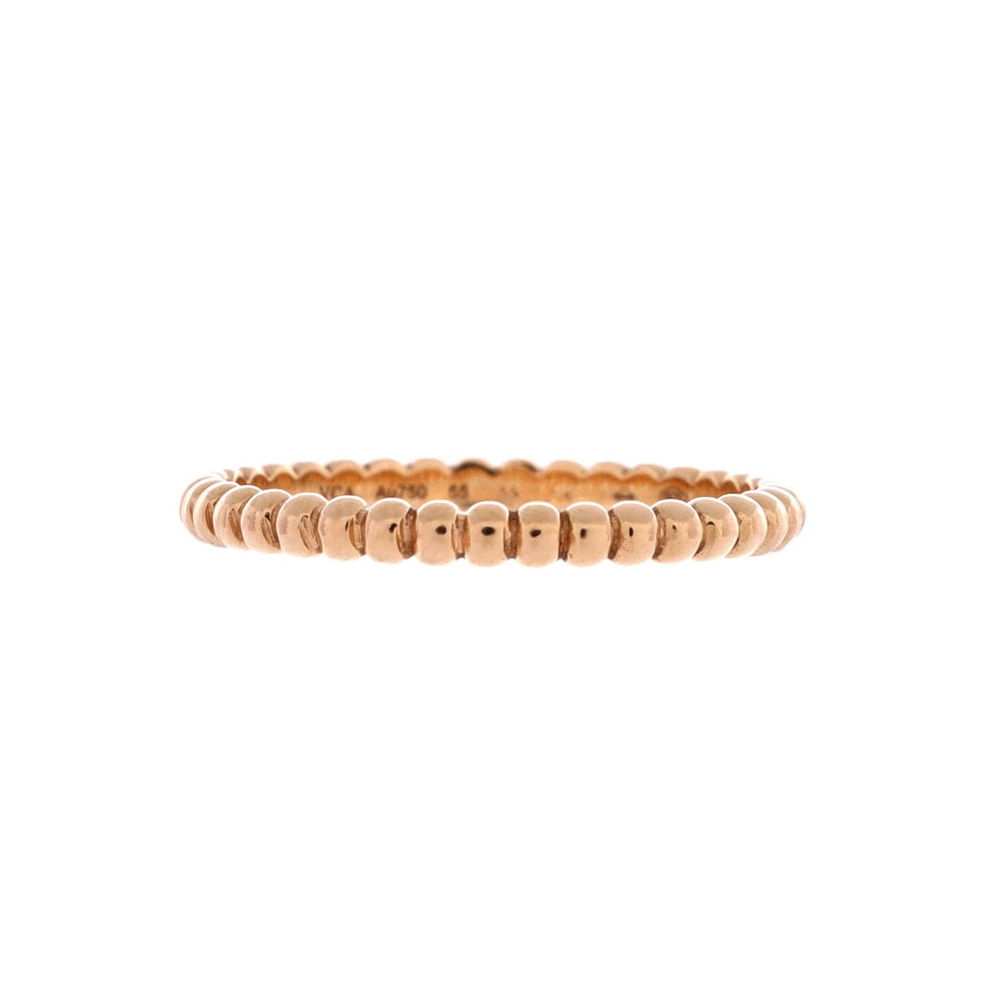 Van Cleef & Arpels Perlee Ring 18K Rose Gold: A narrow domed band edged with fine beading, the Perlee ring trades statement for texture. At 2.1 mm band width it stacks against other rings and still leaves a finger room, and 18K rose gold sets the