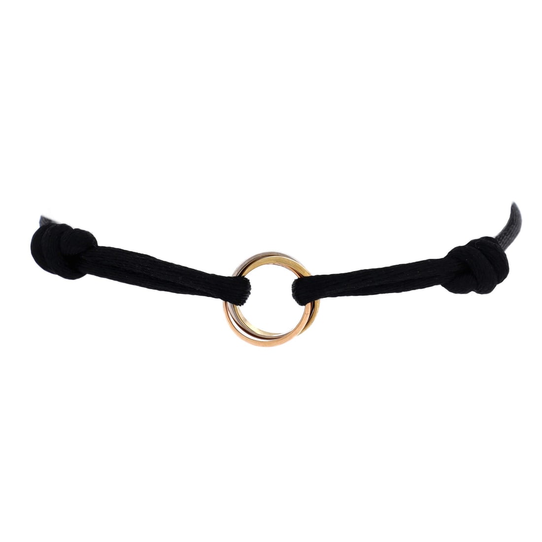 Cartier Trinity On Cord Bracelet Silk Cord with 18K Tricolor Gold: Alongside a watch this Trinity stays flat and never knocks against the case, which is more than most gold bracelets manage. Its three interlocking bands carry the design on their own, with the silk co