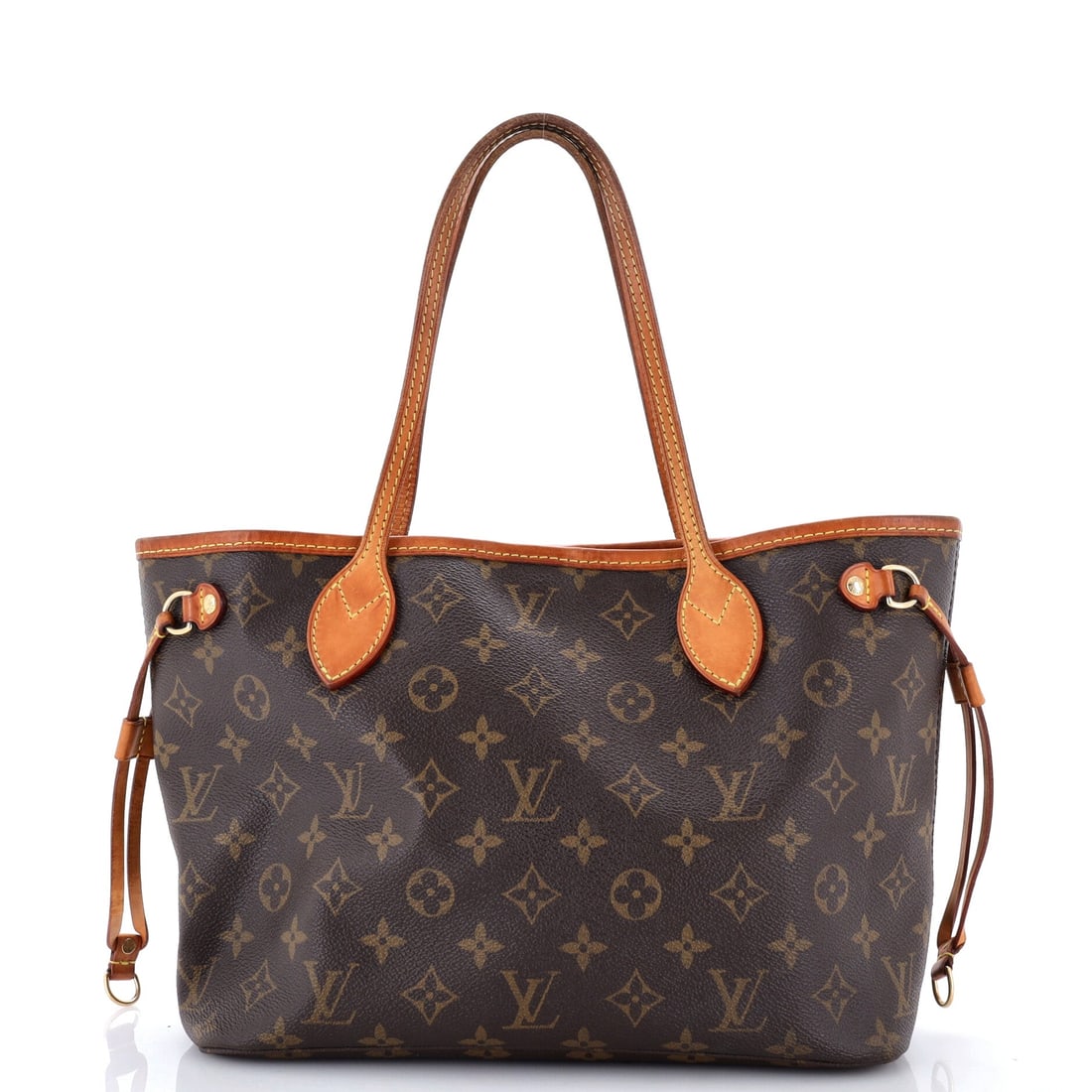 Louis Vuitton Neverfull Tote Monogram Canvas: Collectors sort these totes by capacity, and this is the compact end at 11 in wide x 8 in high x 5 in deep. Small in scale, it takes a book, a water bottle and a pouch with no gaping at the top. Grade