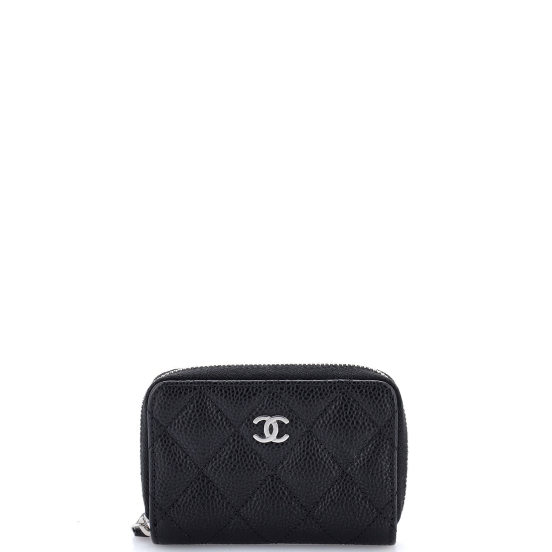 Chanel CC Zip Coin Purse Quilted Caviar: Caviar calfskin is the hard-wearing end of Chanel's leather range, pebbled against the abrasion a coin purse actually takes. This one sizes up at 4.5 in wide x 3 in high x 1 in deep, a pouch scaled fo
