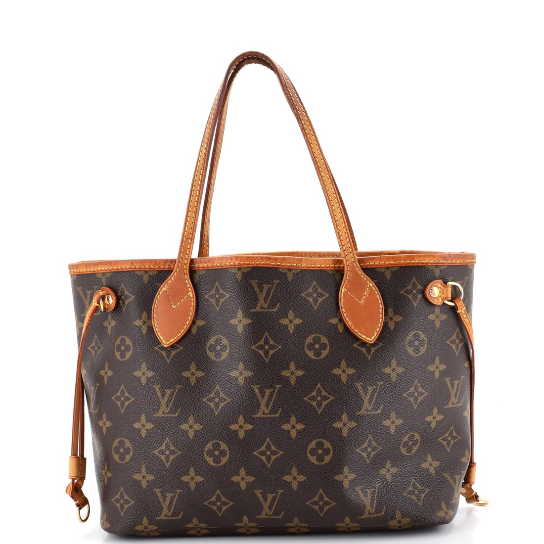 Louis Vuitton Neverfull Tote Monogram Canvas: Compact proportions change the read of the silhouette completely, 11 in wide x 8 in high x 5 in deep making the tote nearly square in profile. Side laces pulled tight narrow the mouth and make the sha