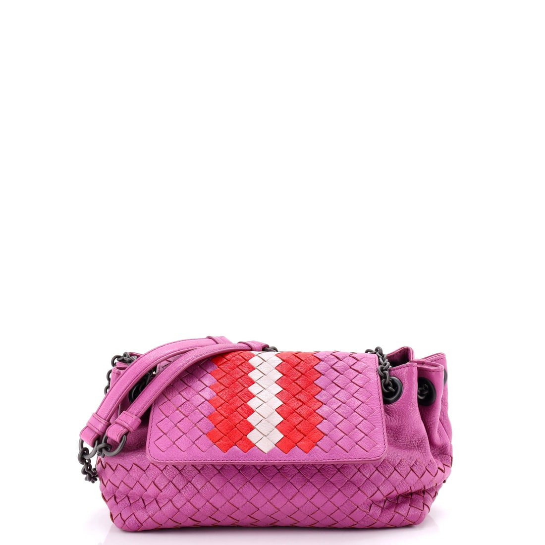 Bottega Veneta Accordion Flap Chain Shoulder Bag Intrecciato Nappa: Bottega watchers look closely at how the accordion gussets are woven, since the pleats put Intrecciato nappa on a curve and off the flat panel. Folded shut the bag measures 10 in wide x 6 in high x 4 