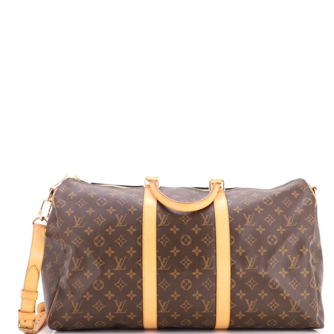 Louis Vuitton Keepall Bandouliere Bag Monogram Canvas: Rounded ends and a straight top line keep the Keepall recognizable even in this middle size of 19.5 in wide x 11 in high x 9 in deep. Handles fall 4.5 in, slightly deeper than the smaller cuts allow, 