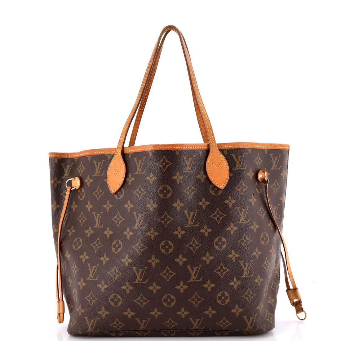 Louis Vuitton Neverfull Tote Monogram Canvas: Neverfull in this size sits between the compact and full cuts, 12 in wide x 11 in high x 7 in deep with an 8.5 in strap drop. The 7 in depth keeps the tote from collapsing inward when it is only half 