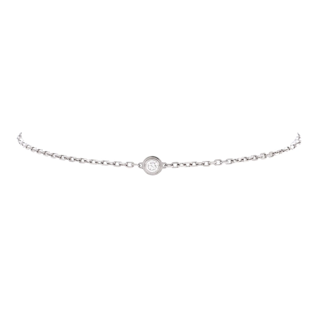 Cartier D'Amour Bracelet 18K White Gold and Diamond: Cartier holds the D'Amour to a single diamond on a fine 18K white gold chain, a construction with nothing in it to pull attention off the stone. White gold suits a solitaire with its cool tone where a