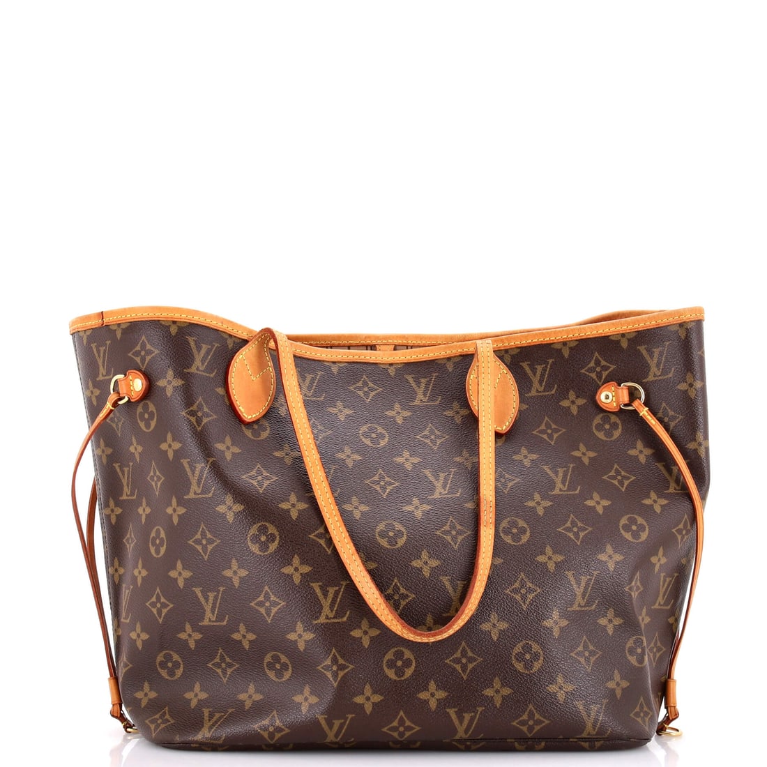 Louis Vuitton Neverfull Tote Monogram Canvas: Squared shoulders, a straight mouth and side laces that draw the whole profile inward describe the shape at 12.5 in wide x 11 in high x 7 in deep. Handles lie tight to the canvas at an 8 in handle dro