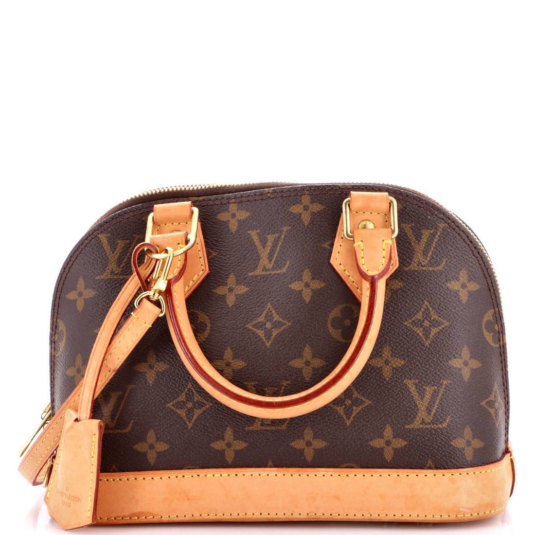 Louis Vuitton Alma Handbag Monogram Canvas: Demand in this line follows the smaller footprints, and 9 in wide x 7 in high x 4.5 in deep is as compact as the Alma gets. Twin top zips open the full curve of the dome. Handle drop is 3.5 in, strap 