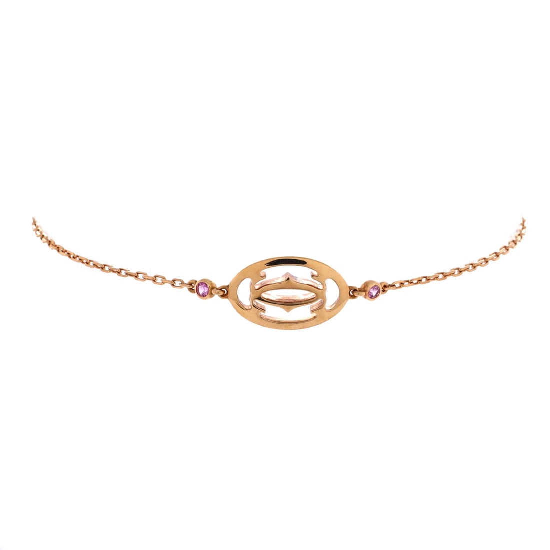 Cartier Double C de Cartier Bracelet 18K Rose Gold with Pink Sapphires: Two interlocking curves of 18K rose gold form the doubled C, with pink sapphires set into the shape itself. Colored stones on a rose gold ground stay tonal, so the bracelet holds one continuous line a