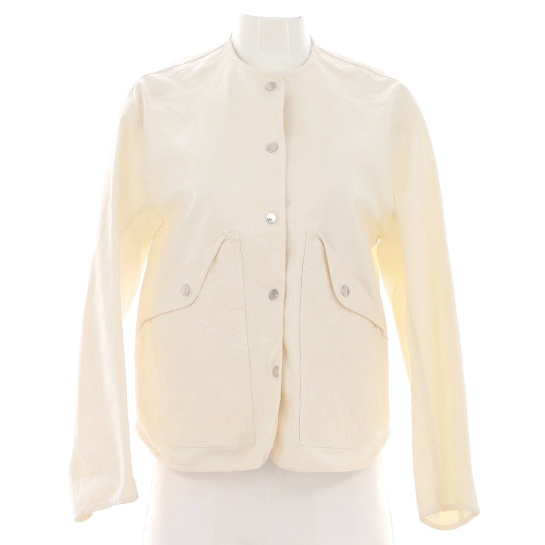 Hermes Women's Two Pocket Button Up Jacket Cotton Blend: In a warm-weather wardrobe a cotton blend does what a wool blazer cannot, and Hermes keeps this jacket plain with two front pockets and a full button front. Length of 24 in with a 22 in sleeve puts