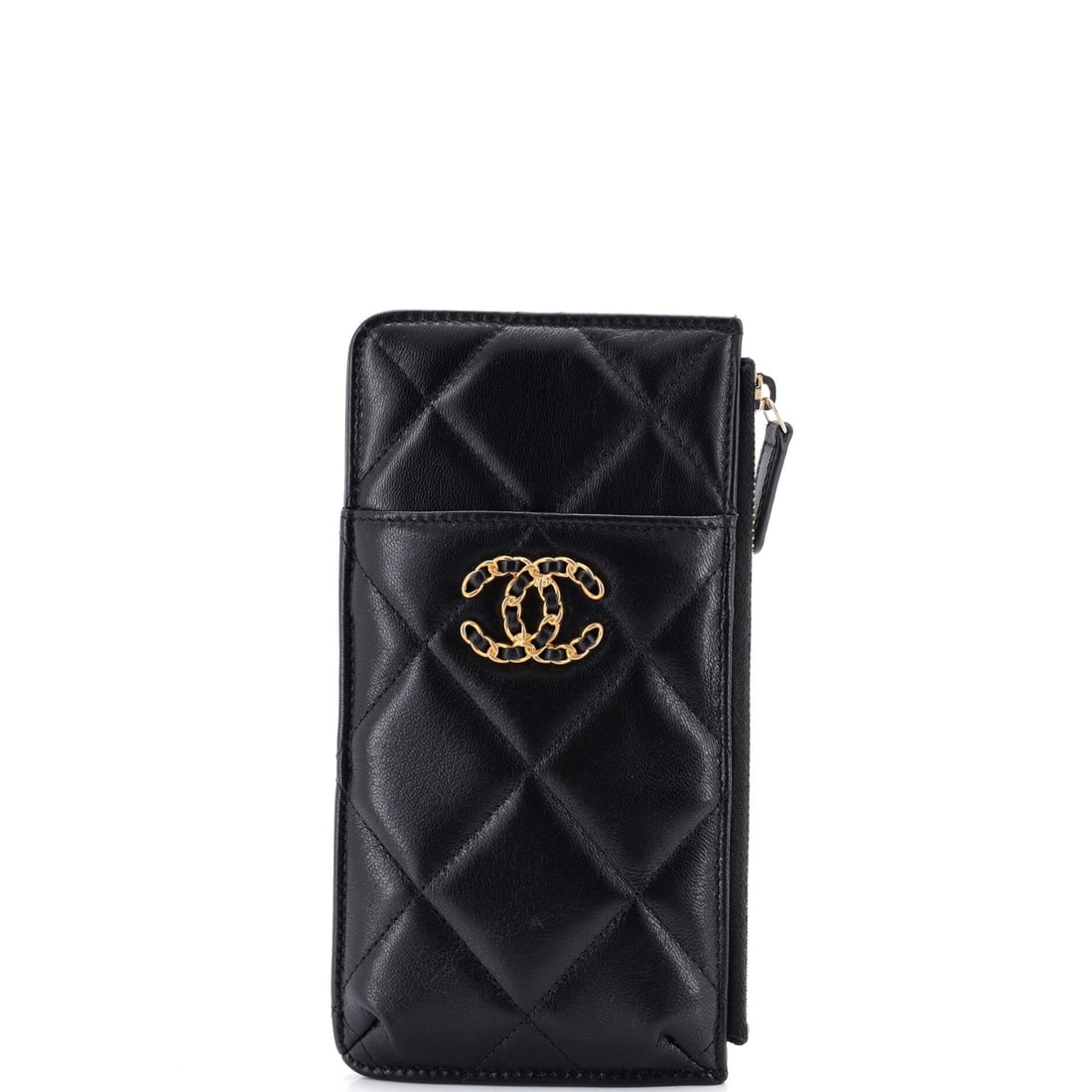 Chanel 19 Classic Phone Case Pouch Quilted Lambskin: Phone-scaled and barely 1 in deep, this Chanel 19 case is a slim rectangle at 7.5 in wide x 4 in high. The 19's quilting is drawn on a larger diamond than the classic line, so only a few squares run a