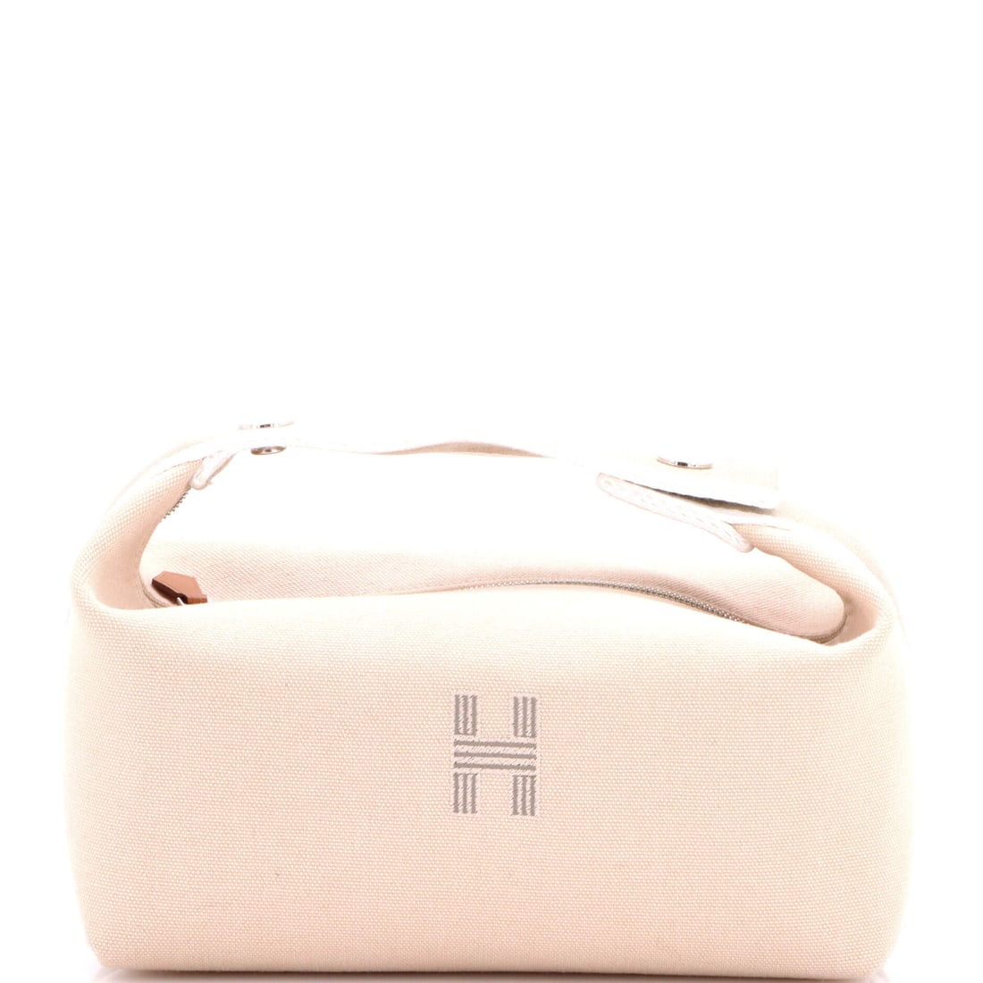 Hermes Bride-A-Brac Travel Case Toile: Boxy through the base and squared at the top, this travel case stands up on its own at 8 in wide x 4 in high x 4.5 in deep. Toile canvas lends the walls their structure while keeping the whole thing l
