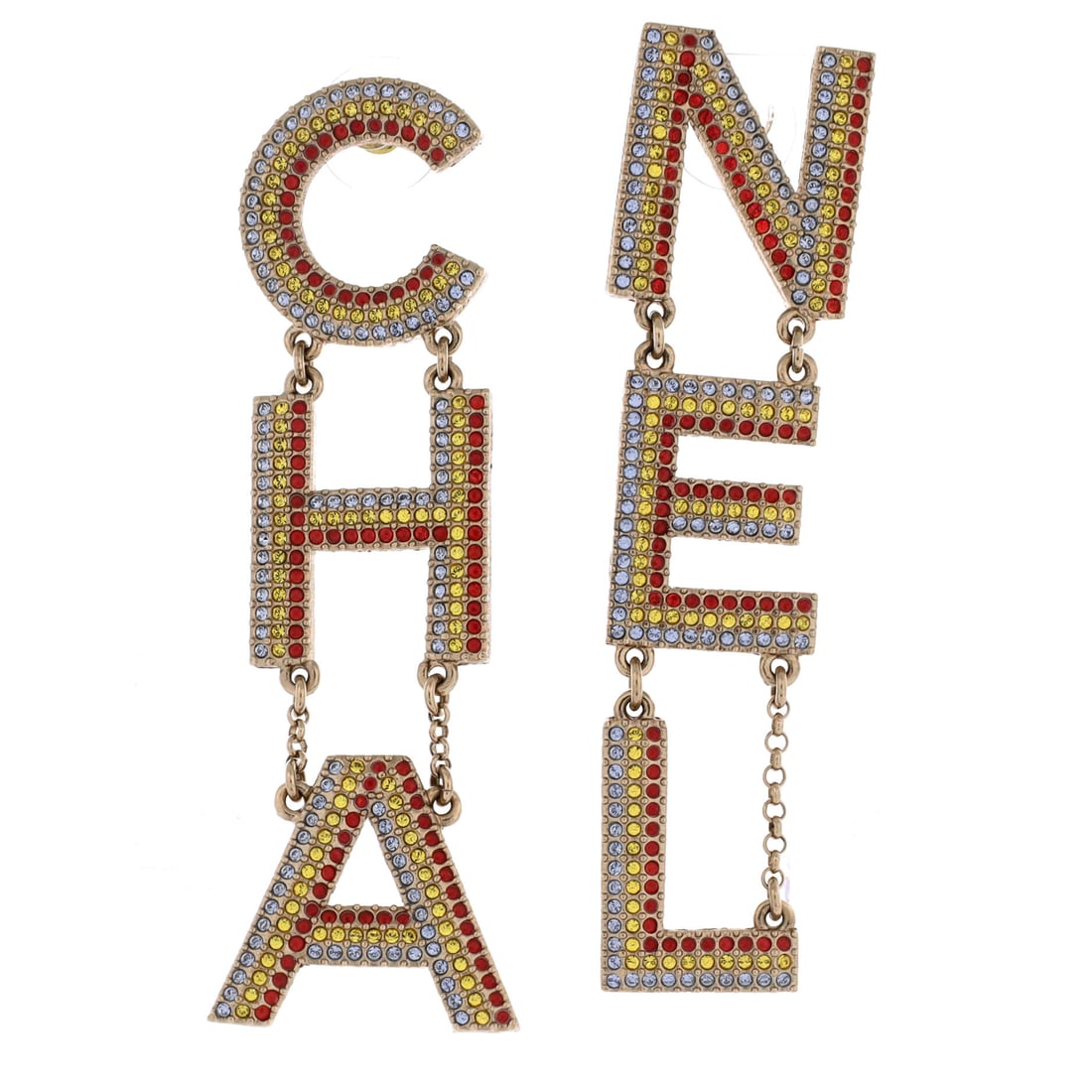 Chanel CHA-NEL Drop Earrings Metal with Mulitcolor Crystals: At 3.5 in long these drops are built to be seen, the sort of costume earring that carries an outfit without help. Multicolor crystals set out the house name letter by letter down the length, 1 in wide