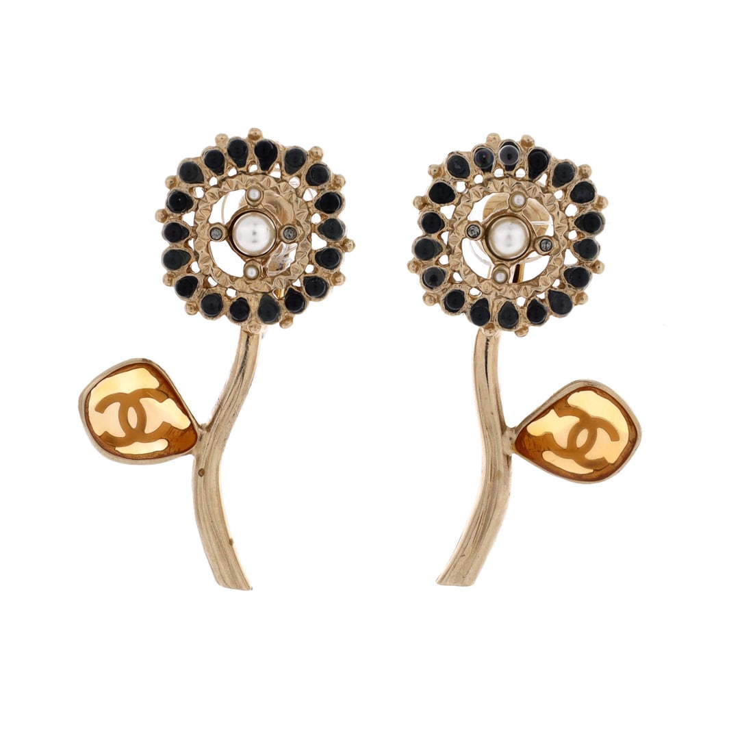 Chanel CC Flower Clip-On Earrings Metal with Faux Pearls, Crystals and Resin: These are clip-on earrings built as a flower, faux pearls, crystals and resin layered over metal around a CC at the center. Drop length reaches 1.7 in at 0.7 in wide, which puts them firmly in stateme