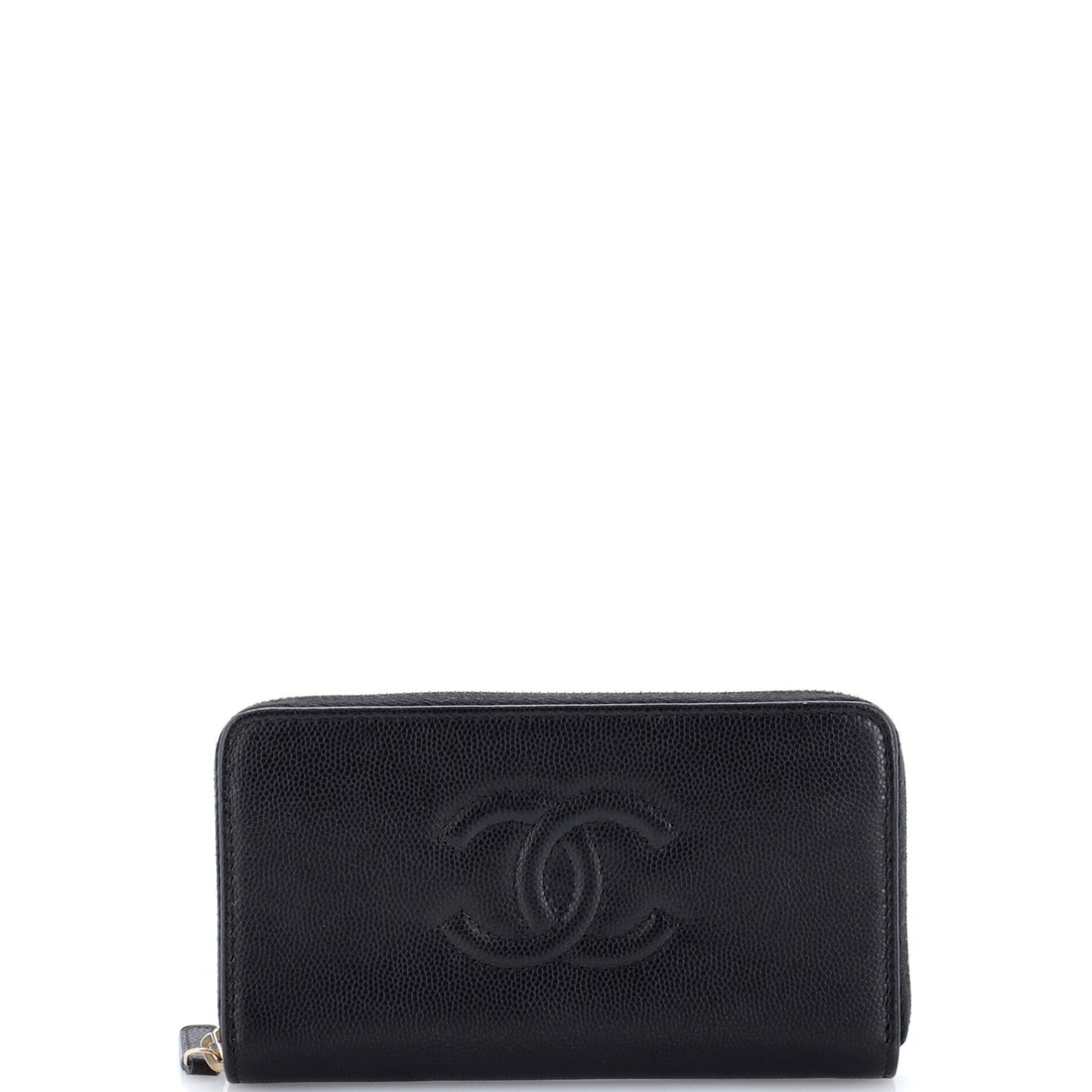Chanel Timeless CC Zipped Wallet Caviar: Timeless CC in the zipped wallet is one of Chanel's most practical small leather goods, cut compact at 6 in wide x 3 in high x 1 in deep. Pressed caviar calfskin holds its grain through pocket and pou