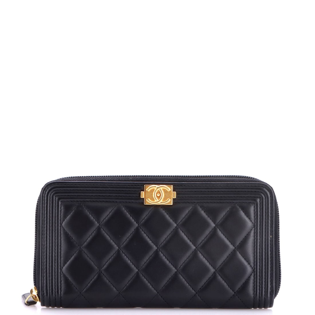 Chanel Boy Zip Around Wallet Quilted Lambskin: Rectangular through and through, the Boy zip-around presents a long face of quilted lambskin at 7.5 in wide x 4 in high x 1 in deep. Lambskin gives the quilting a softer relief than caviar would, and 