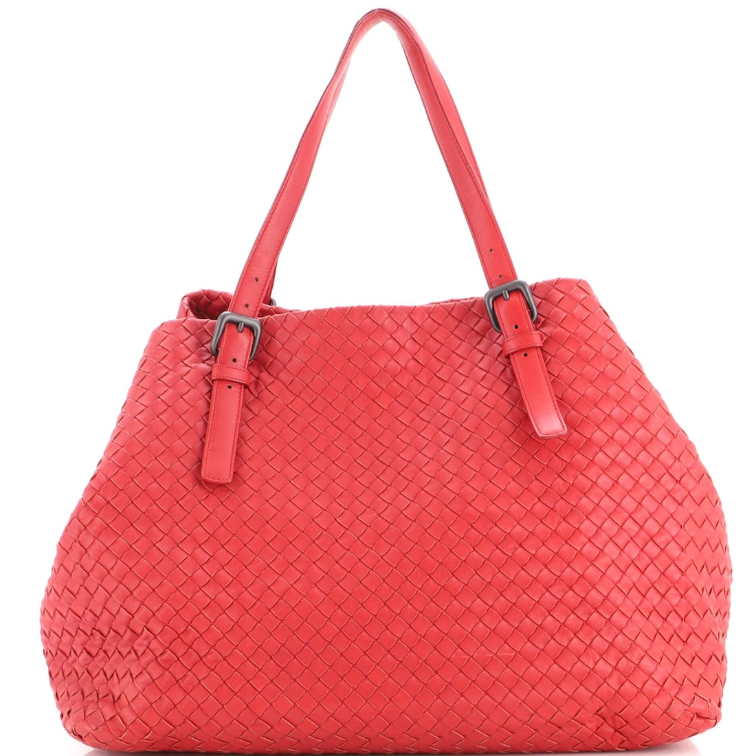 Bottega Veneta A-Shape Tote Intrecciato Nappa: Woven nappa panels are the only ornament the A-Shape gets, the Intrecciato lattice standing in for hardware and logo alike. Proportions run 15 in across, 12 in tall and 8 in through the body, with han