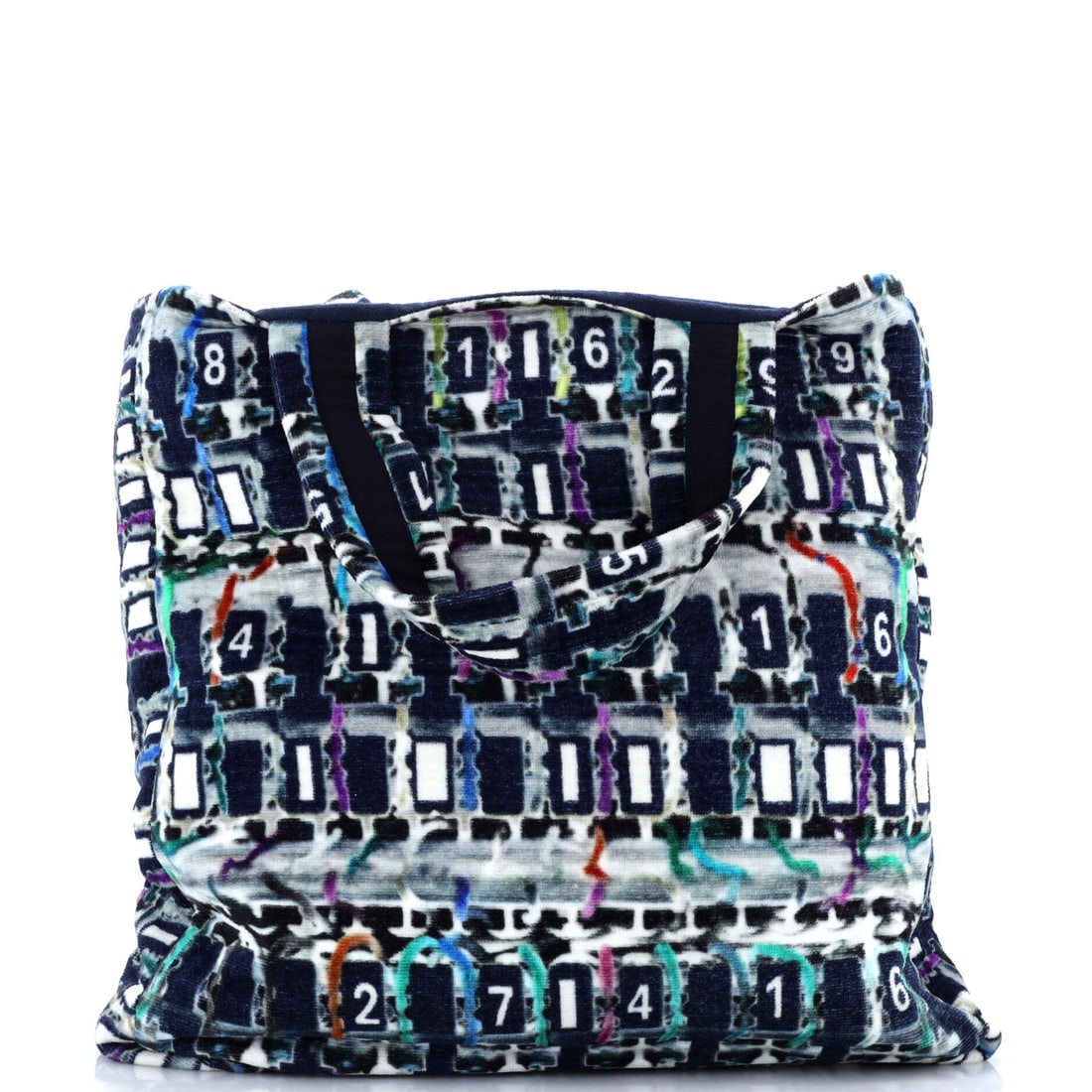Chanel Beach Tote Printed Terry Cloth: A terry cloth tote is an unusual thing for Chanel to build, which is a large part of why the printed beach version keeps a following. Square proportions of 17 in wide, 17 in high and 5 in deep make it