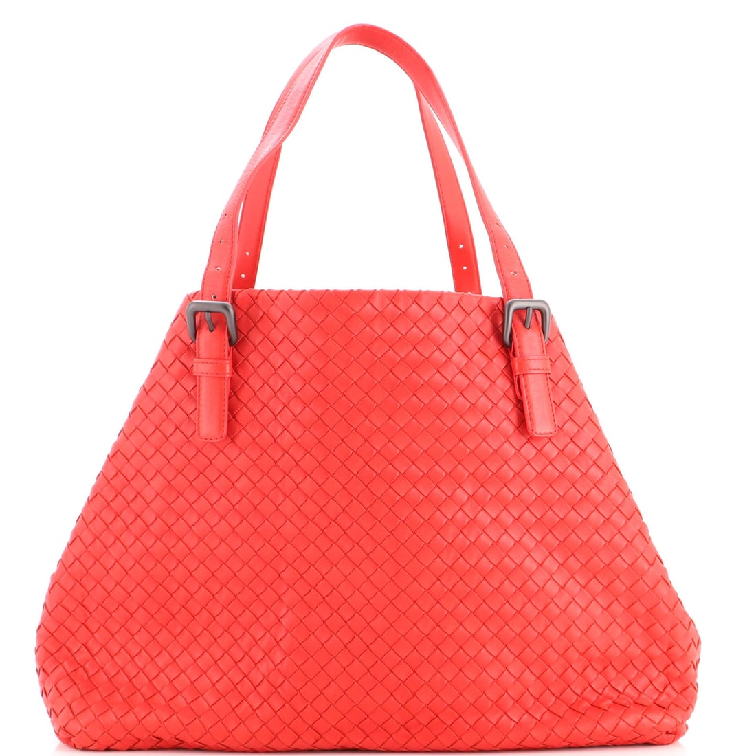 Bottega Veneta A-Shape Tote Intrecciato Nappa: This A-Shape tote is a single soft-sided body with a strap that adjusts through 8-10 in alongside 9 in handles. Its 15 in width, 12 in height and 8 in depth make it a tote first, with the strap kept a