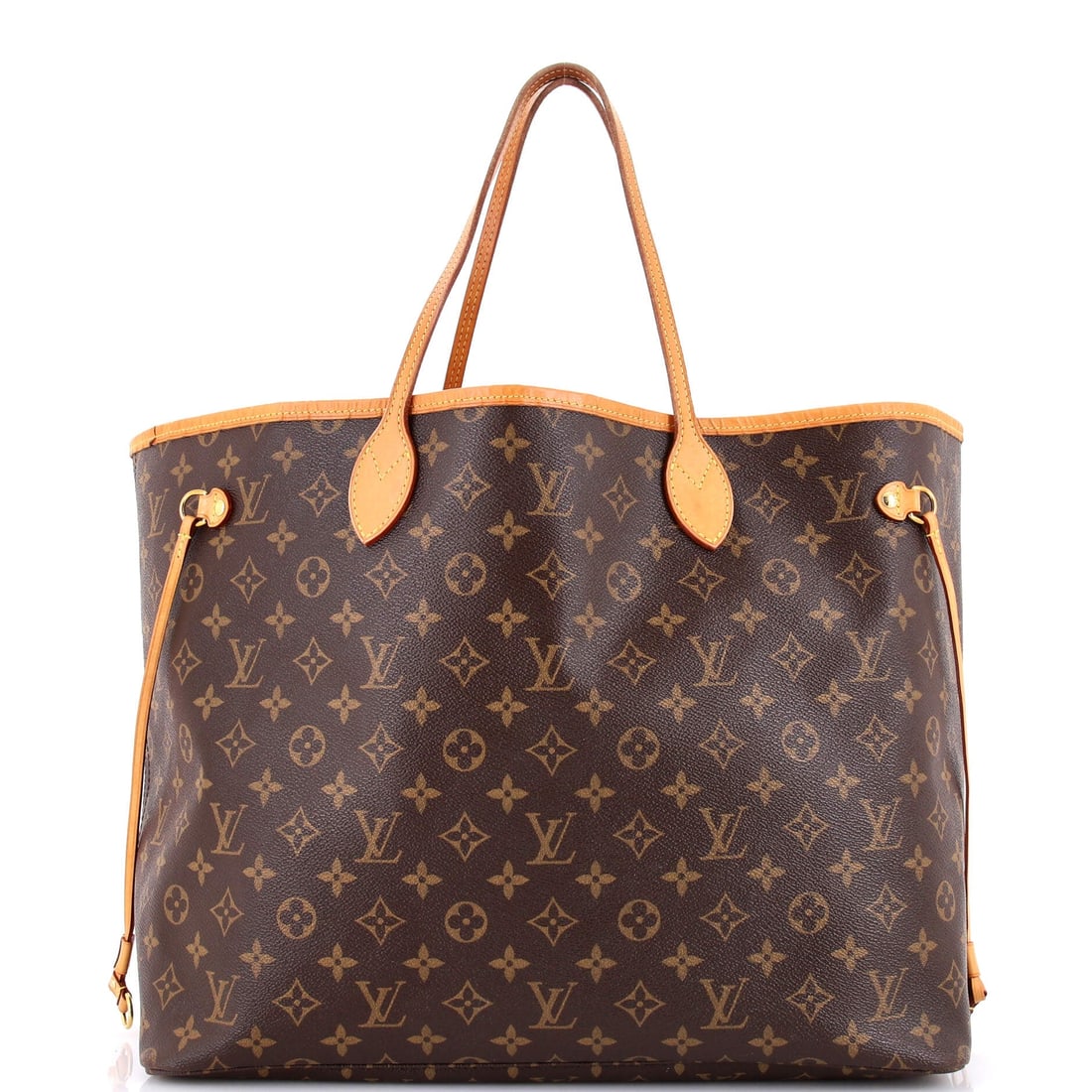 Louis Vuitton Neverfull NM Tote Monogram Canvas: Cord-cinched sides and an open top define the build, a tote that changes shape with the load rather than resisting it. Volume runs 15.5 in wide x 12.5 in high x 8 in deep, near the top of the range fo