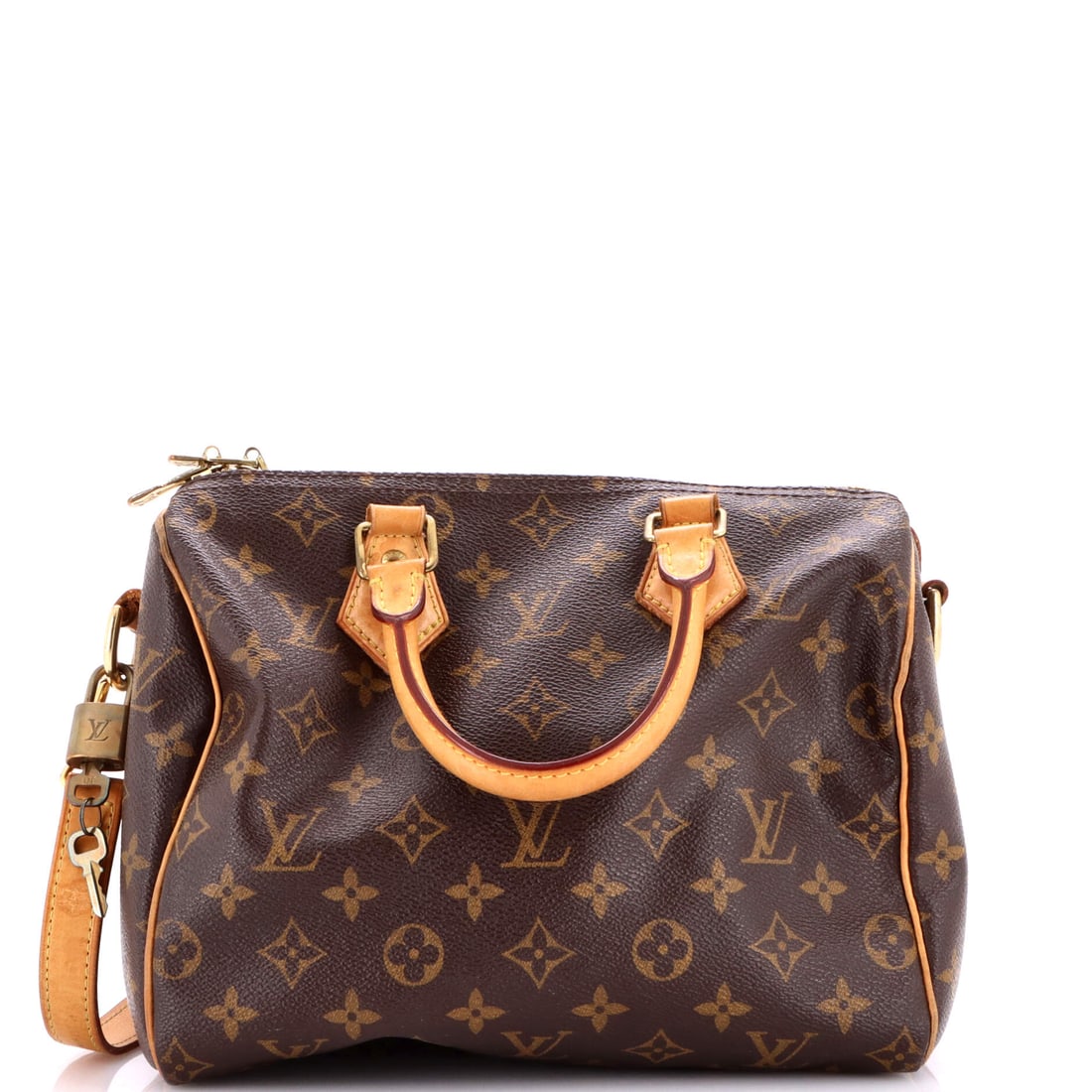 Louis Vuitton Speedy Bandouliere Bag Monogram Canvas: Proportions of 10 in wide, 8 in high and 6 in deep make this the tidier reading of the shape, closer to a handbag than to luggage. The 18.5 in strap drop sits high on the hip rather than low, and the 