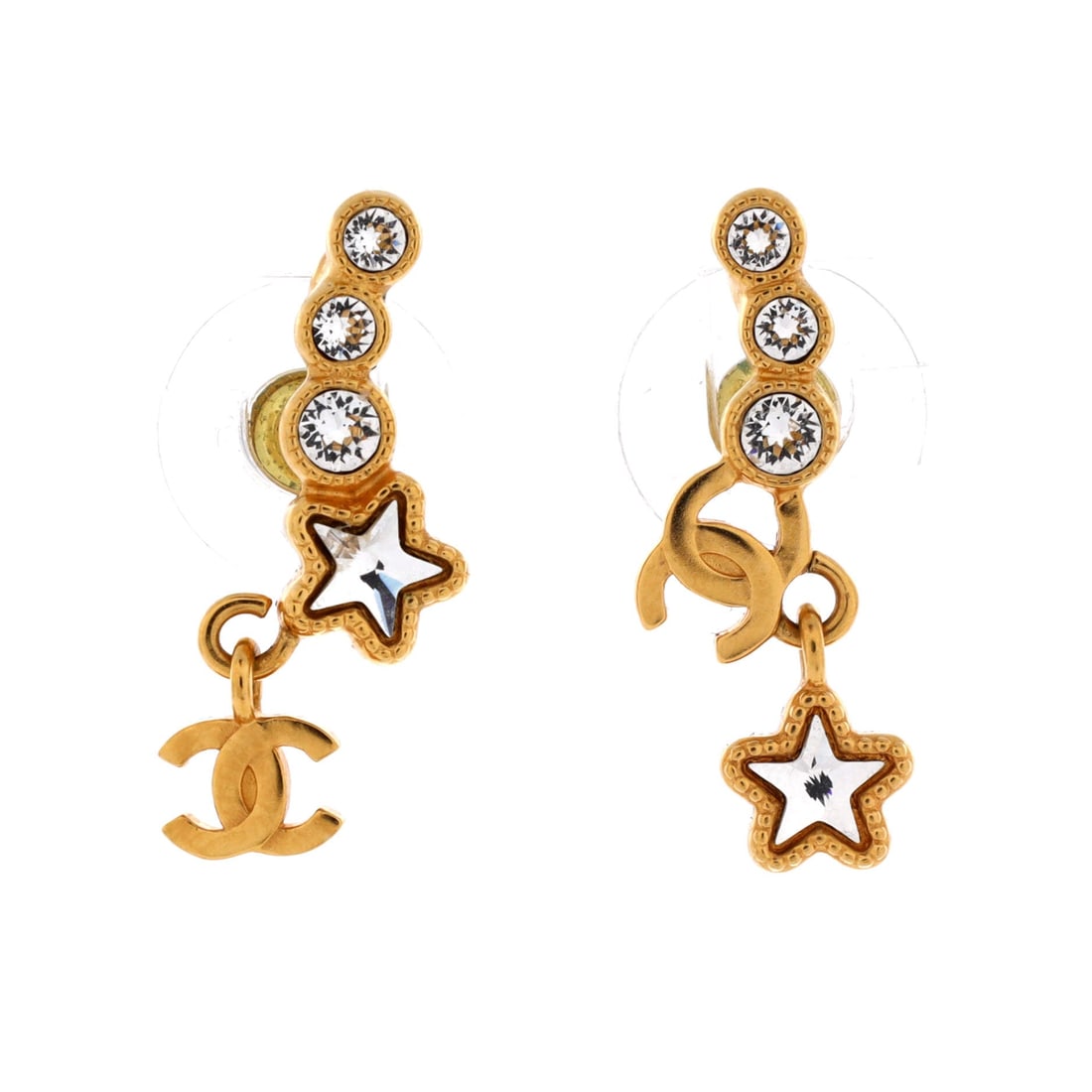 Chanel CC Star Drop Crawler Earrings Metal with Crystals: Crawler earrings climb the lobe instead of hanging straight, and here a CC and a star trace that line with a short drop. Metal and crystals put this in costume jewelry with genuine sparkle, catching l